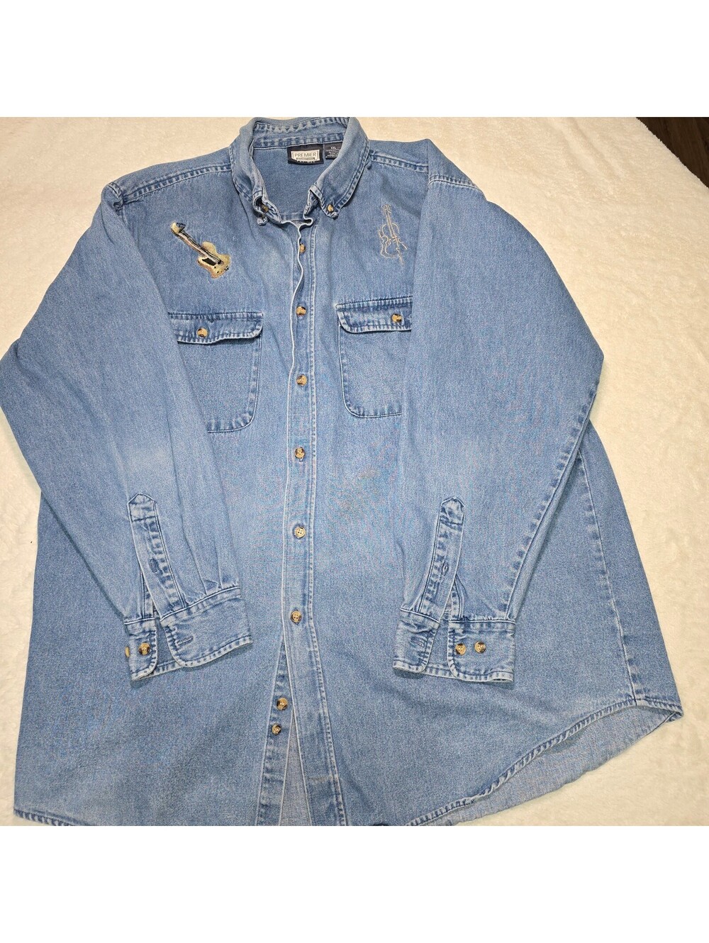 Vtg Premier International Denim Shirt Men XXL Embroidered Guitar Cello Music 90s